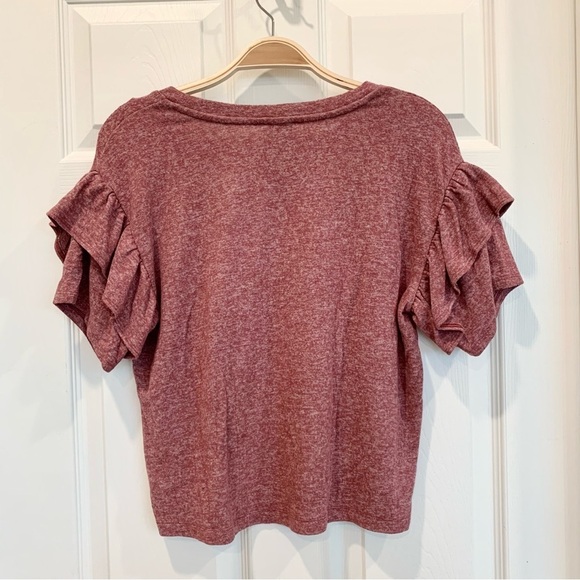 Dusty Rose Pink Soft Knit Ruffle Short Sleeves Tee T-Shirt Top - Picture 4 of 5